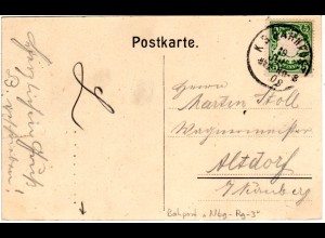 Bayern 1909, Bahnpost-K1 Nbg-Re-3 auf Karte m. 5 Pf.