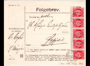 Norwegen 1908, MeF 5er-Streifen 10 öre auf Paketkarte v. YTRE VINJE