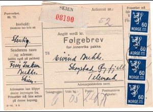 Norwegen 1944, MeF 4er-Streifen 60 öre auf Paketkarte v. SKIEN