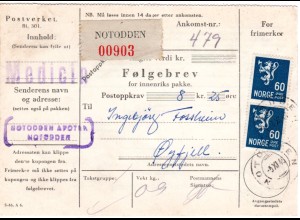 Norwegen 1946, MeF Paar 60 öre auf Nachnahme Paketkarte v. NOTODDEN