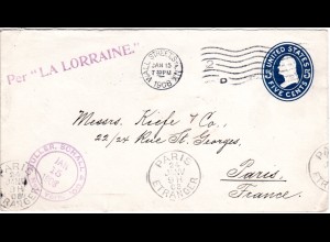 USA 1908, Schiff Stpl. Per "La LORRAINE." auf 5 C. Ganzsache v. NY n. Frankreich