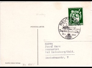 DR 1941, 6+24 Pf. Tag der Briefmarke auf Karte m. Ersttagsstpl. v. Reutlingen