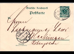 DR 1898, Bahnpost Stpl. FRANKENSTEIN-RAUDTEN auf 5 Pf. Ganzsache v. Schweidnitz