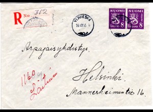 Finnland 1946, YLIVIESKA, eingestempelter Reko Zettel auf Brief m. 2x8 M.