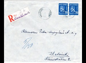 Finnland 1951, KAULIRANTA, handschriftlicher Reko Zettel auf Brief m. Paar 20 M.