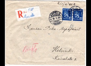 Finnland 1948, ARPELA, handschriftlicher Reko Zettel auf Brief m. Paar 12 M.