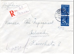 Finnland 1949, NUMMELA, handschriftlicher Reko Zettel auf Brief m. Paar 15 M.