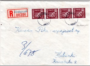 Finnland 1950, KANKAANPÄÄ, handschriftlicher Reko Zettel auf Brief m. MeF 4x10 M