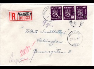 Finnland 1949, KALLBÄCK, handschriftlicher Reko Zettel auf Brief m. MeF 3x10 M