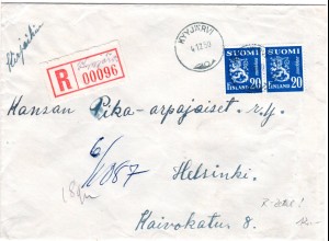 Finnland 1950, KYYJÄRVI, handschriftlicher Reko Zettel auf Brief m. MeF 2x20 M