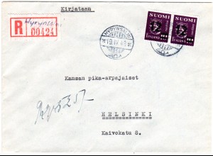 Finnland 1948, HYRYNSALMI, handschriftlicher Reko Zettel auf Brief m. 2x12/10 M.