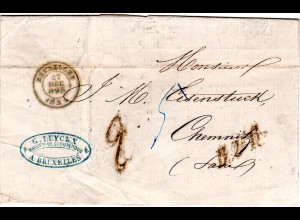 Belgien 1855, L1 B.2e.R. auf Porto Brief v. Bruxelles n. Sachsen. Portostpl. "2"