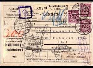 DR 1925, MeF 3x100 Pf. auf Paketkarte v. Charlottenburg n. Norwegen. 