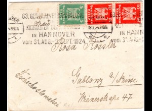DR 1924, Maschinen Werbe Stpl. 63. Katholiken Gen.Vers. auf Brief v. Hannover