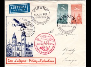 Dänemark 1939, 15+20 öre Luftpost auf schönem Erstflug Brief Viborg-Kopenhagen