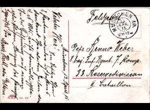 Bayern 1915, Reservestempel MÜNCHEN 40 Tegernseerlandstr. klar auf Feldpostkarte
