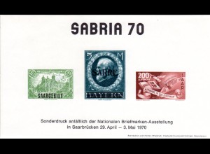Saarbrücken, Erinnerungsblock m. Nachdruck v. 3 Saar Marken zur Ausstellung 1970