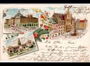 Gruss aus München m. Justizpalast u. Rathaus, 1898 gebr. Litho-AK