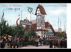 München, Gruss v. Oktoberfest 1904 m. Thomasbraü u. Bierwagen, ungebr. Farb-AK