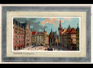 München Marienplatz m. Prägerand, 1902 gebr. Farb-AK