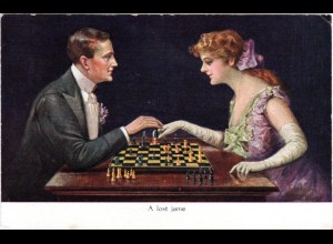 Dame u. Herr beim Schach Spiel, A lost game, ungebr. Farb-AK