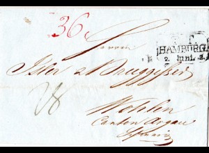 Hamburg 1842, R3 T.T. HAMBURG auf Porto Brief in die Schweiz. Via Thurn&Taxis