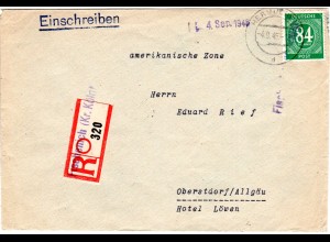 1946, 84 Pf. auf Einschreiben Brief m. Not-Reko Zettel FISCHENICH (Kr. Köln)