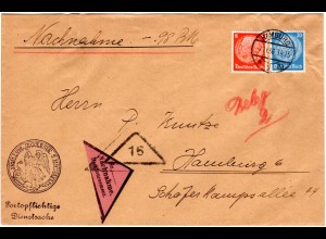 DR 1936, 8+20 Pf. auf portorichtigem Orts Nachnahme Brief v. Hamburg