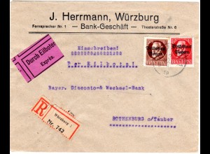Bayern 1919, 10+50 Pf. Volksstaat auf Einschreiben Eilboten Brief v. Würzburg