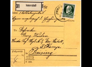 Bayern 1918, EF 60 Pf. auf Paketkarte v. IMMENSTADT