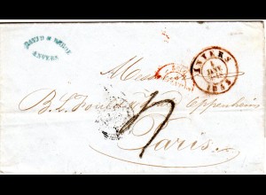 Belgien 1853, K2 ANVERS auf Brief n. Paris m. Frankreich Porto Stpl. "4"