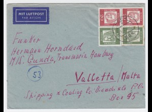 BRD 1963, 20+20+10+10 Pf. auf Luftpost Brief v. Hof n. Malta. Destination! #1807