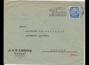 DR 1938, 25 Pf. m. perfins Firmenlochung auf Brief v. Kassel i.d. Schweiz. #1501