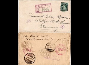 DR 1922, Bahnpost-L3 BPA 10 Köln-Deutz rs. auf Reko Brief m. USA 15 C.