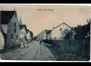 Gruss aus OTZING (LKr. Deggendorf), Strasse m. Personen, 1914 gebr. Foto-AK