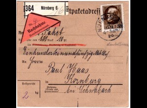 Bayern 1920, 1 Mk. auf Nachnahme Paketkarte v. Nürnberg n. Kornburg b. Schwabach