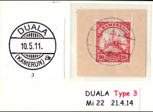 Kamerun, 10 Pf. auf Briefstück m. besserem Stempel DUALA (KAMERUN) a.