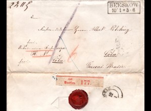 Preussen, R2 BEESKOW auf franko Paket Brief, rücks. roter R2 COELN P.K.