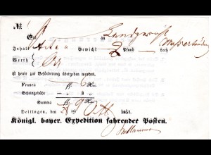 Bayern 1851, Postschein v. Öttingen m. eingedruckter Scheingebühr 3 Kr.