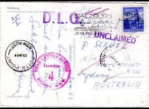 Österreich 1963, Unclaimed, DLO u. Dead Letter Office Sydney, Karte v. Salzburg