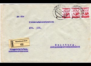 Österreich 1928, MeF 3er-Streifen 15 G. auf Einschreiben Brief v. STRASSWALCHEN