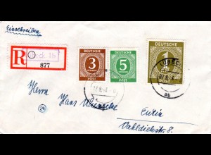 1946, 1 Mk.+3+5 Pf. auf Brief m. eingestempeltem Not-Reko Zettel v. Lübeck 1b
