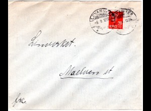 Norwegen 1936, 20 öre auf Brief m. aptiertem LEVANGER TUR Stempel