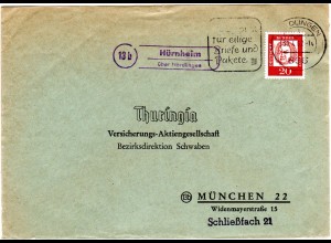 BRD 1962, Landpost Stpl. 13b HÜRNHEIM über Nördlingen auf Brief m. 20 Pf. Bach