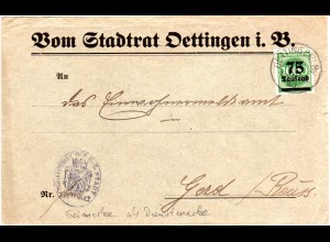 DR 1923, 75T./1000 Mk. auf Stadtrat Vordruck Brief v. Öttingen