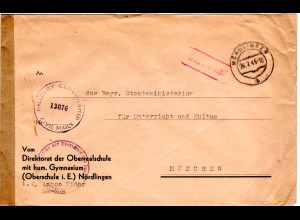 1948, Gebühr bezahlt auf Oberrealschule Vordruck Brief v. Nördlingen m.Zensur