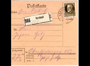Bayern 1919, EF 40 Pf. auf Paketkarte v. VERSBACH n. Oberschwarzach