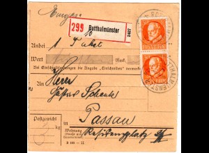Bayern 1919, MeF Paar 30 Pf. auf Einschreiben Paketkarte v. ROTTHALMÜNSTER