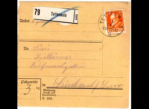 Bayern 1916, EF 30 Pf. auf Paketkarte v. TETTENWEIS n. Simbach