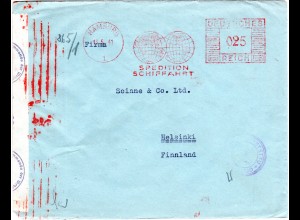 DR 1941, 25 Pf. Absender Freistempel auf Zensur Brief v. Hamburg n. Finnland